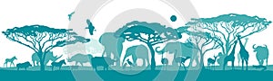 African blue landscape with animals. Vector illustration