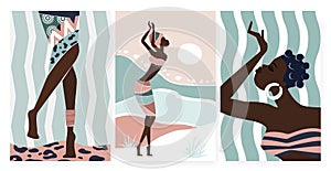 African boho people dance, wall art set, abstract contemporary aesthetic template