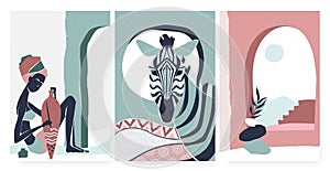 African boho tribe people and zebra animal, summer poster wall art print set template