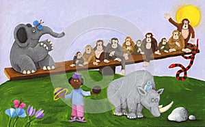 African boy, elephant, monkeys, snake and rhino