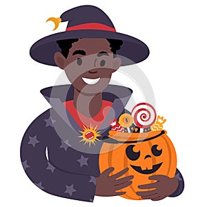 African boy with halloween pumpkin dressed as a wizard. Flat style Illustration