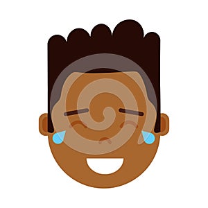 African boy head emoji personage icon with facial emotions, avatar character, man happy crying face with different male