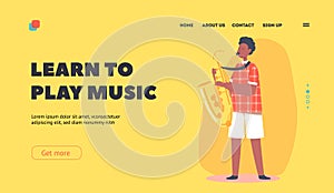 African Boy Playing Saxophone Landing Page Template. Child Perform Concert, Blow Musician Composition