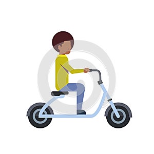 African boy riding electric scooter over white background. electric bike concept. cartoon full length character. flat