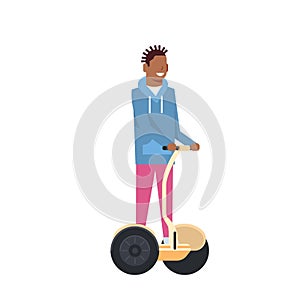 African boy riding gyroscooter over white background. gyroboard concept. cartoon full length character. flat style