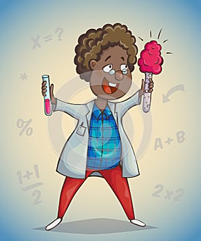 African boy scientist surprised by discovery. Cartoon character.