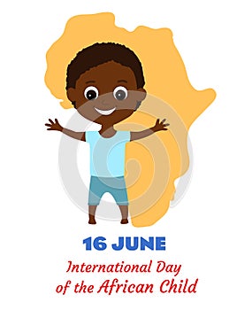 African boy smiling happily against the background of the map of the continent of Africa. Poster for International Day of the