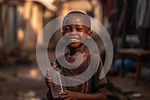 African boy with water bottle in hand.