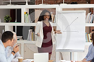 African business coach businesswoman makes presentation for staff at boardroom