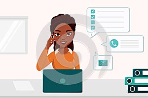 African business woman, personal assistant or hard working busy secretary calls and talks on the phone