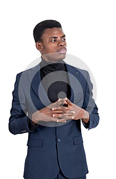African businessman pensive portrait, isolated over white background