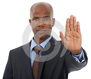 African businessman, portrait or hand to stop in studio for danger warning or threat on white background. Serious worker