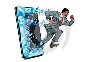 African businessman punches the screen Phone gadget smartphone. Online Internet application service program