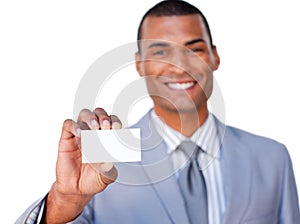 African businessman showing a white card