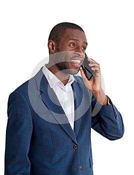 African businessman talking on the phone, isolated over white background
