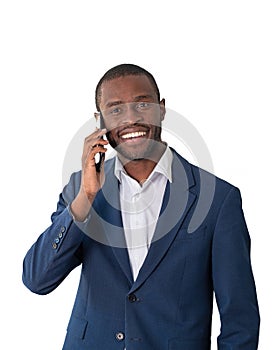 African businessman talking on the phone, isolated over white background