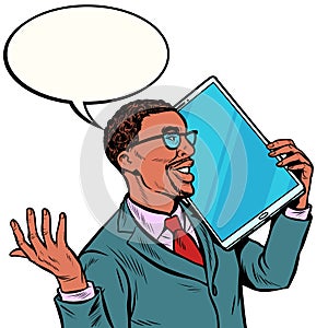 African Businessman talking on the phone with a very large screen, tablet. humor gadgets technique
