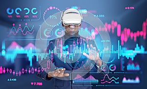 African businessman in vr glasses, forex graph chart with numbers and candlesticks