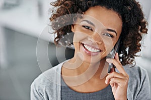 African, businesswoman and smile with mobile for phonecall in portrait for social media, communication and feedback with