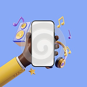 African cartoon hand with large phone mockup display, headphones and speaker