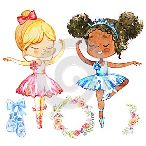 African Caucasian Ballerina Girl Character Set. Cute Friend wear Blue and Pink Tutu Dress Training in Ballet School