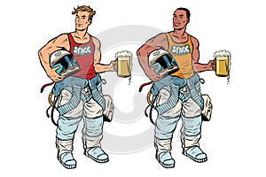 African and Caucasian cosmonaut with a beer