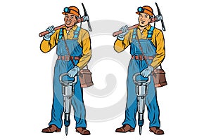 African and Caucasian miners with jackhammer pickaxe