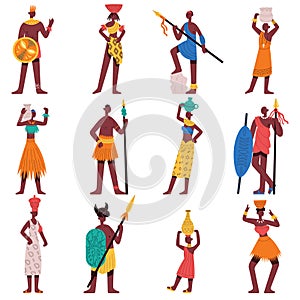 African characters. Tribe male and female people, black characters wearing traditional ethnic clothes vector