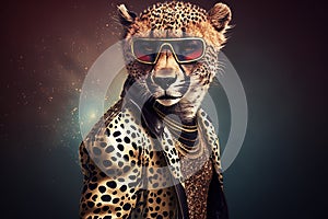 African cheetah in disco clothes, created with Generative AI technology