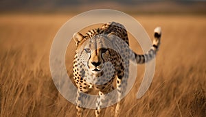 African cheetah walking on savannah, staring with alertness generated by AI