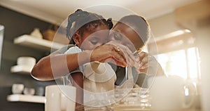 African, child and mom baking in kitchen of home together with eggs in happy morning. Kid, learning and black mother