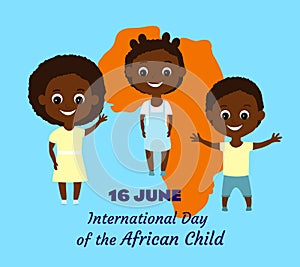 African children boy and girl smiling happily amid a map of the African continent, some waving hello. Poster for the International