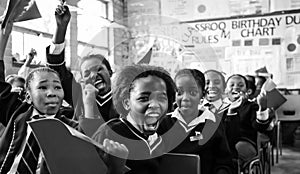 African children in a classroom, raising hands and laughing in the Primary school in South Africa