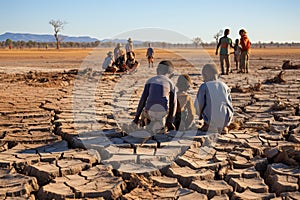 African children sit on soil cracked due to drought. Environmental problem of climate change, global warming, water shortage