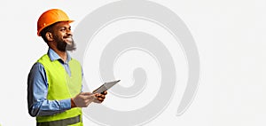 African Construction Foreman Worker Holding Tablet Computer Over White Background