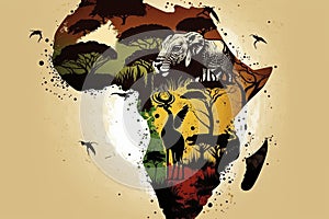 African continent silhouette isolated on craft paper background with boho pattern. Africa day background with cut old