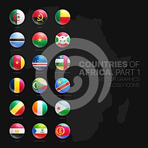 African Countries Flags Glossy Round Icons Set Isolated On Black Background Part One