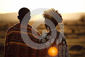 African couple looking at sunset in Masai Mara, Kenya, Africa. Generative AI