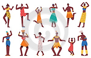 African dancing people. Dancing tribal dance African black male and female characters isolated cartoon vector