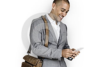 African Descent Business Man Smiling Phone Concept