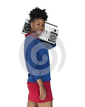 African Descent Woman Holding Jukebox