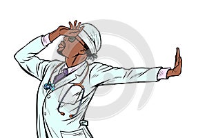 African doctor man medicine. shame denial gesture no