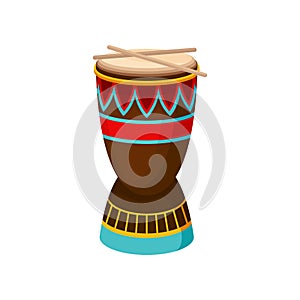 African drum djembe with ethnic ornament, authentic symbol of Africa vector Illustration on a white background