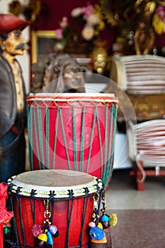 African drums or djembe inside a music shop.