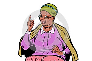 African elderly woman pointing finger up, isolate on white backg