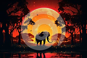 African elephant and acacia tree silhouettes against enormous moon in nighttime safari adventure