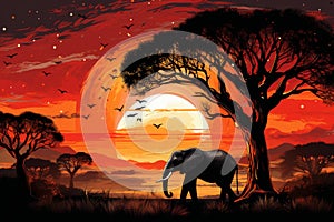 African elephant and acacia tree silhouettes against enormous moon in nighttime safari adventure