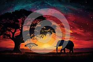 African elephant and acacia tree silhouettes against enormous moon in nighttime safari adventure