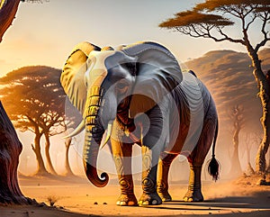 African elephant in cartoon style with African Savannah background