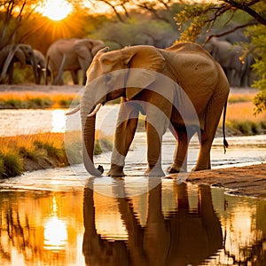 African elephant drinking from river at sunset, silhouette against golden light